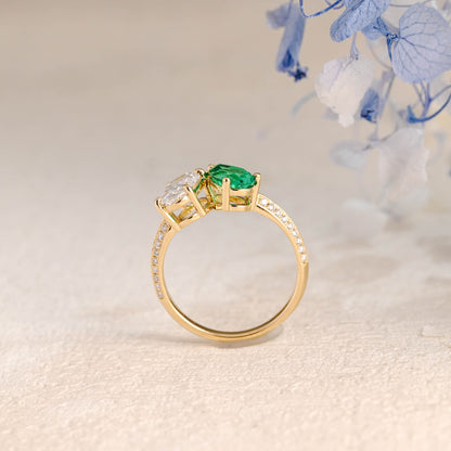 CausYou oval cut diamond engagement ring Solid Gold Oval Lab Diamond Engagement Ring | D VS1 IGI Certified, Emerald & Diamond Toi et Moi Ring