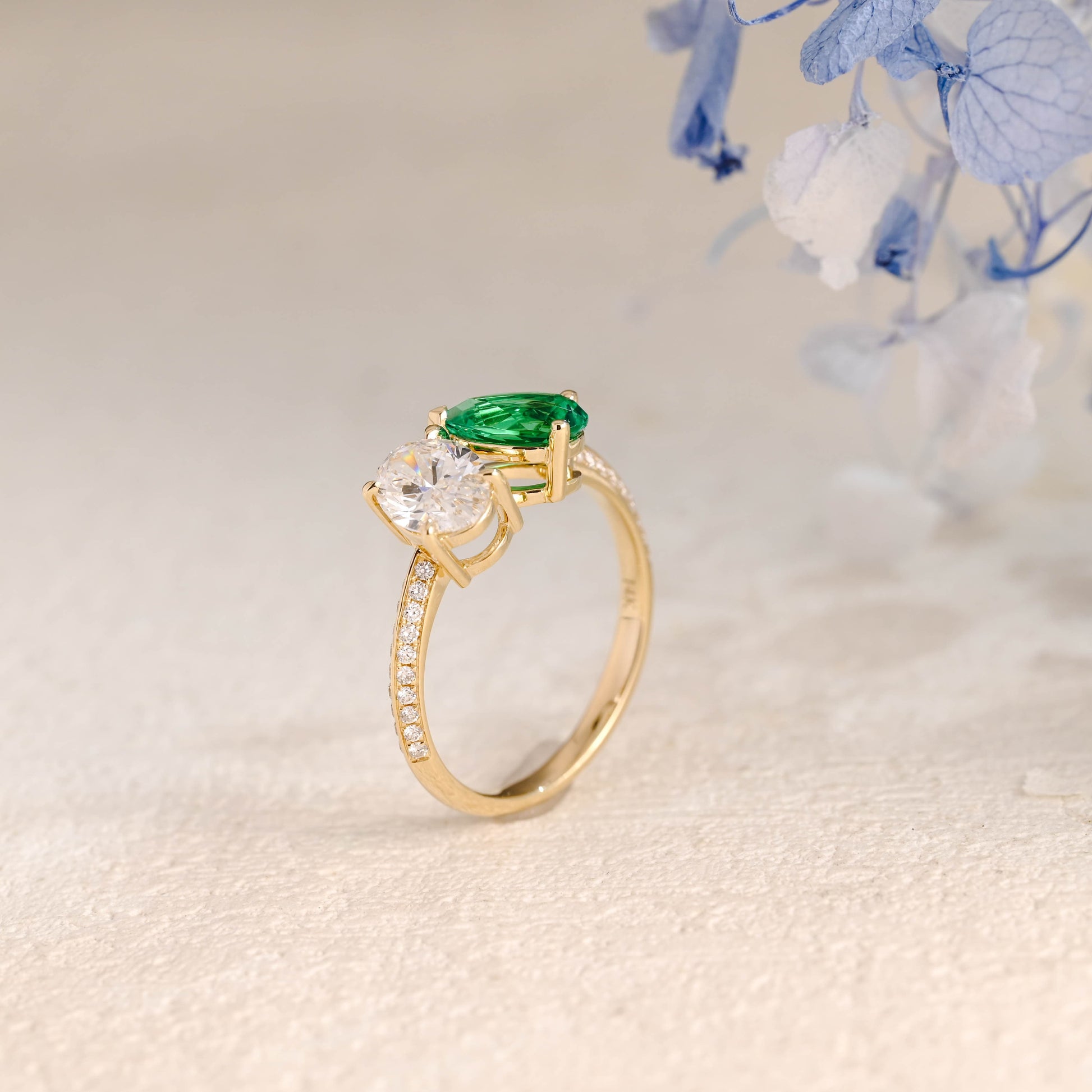 CausYou oval cut diamond engagement ring Solid Gold Oval Lab Diamond Engagement Ring | D VS1 IGI Certified, Emerald & Diamond Toi et Moi Ring