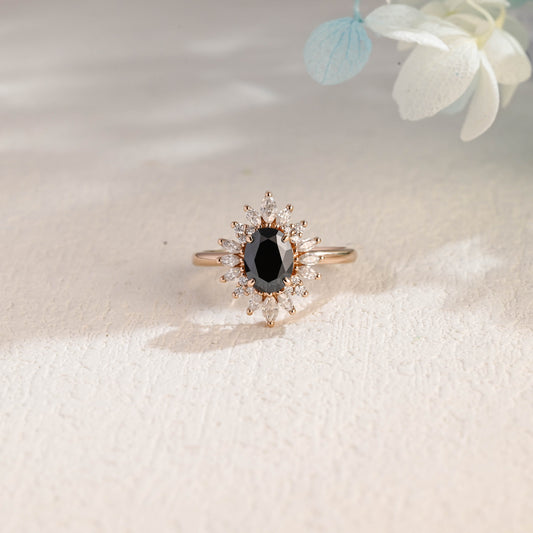 CausYou oval cut moissanite engagement ring CausYou Solid Gold Oval Cut Black Moissanite Engagement Ring, Starburst Promise Ring, Proposal Ring, Gift for Woman, Wife