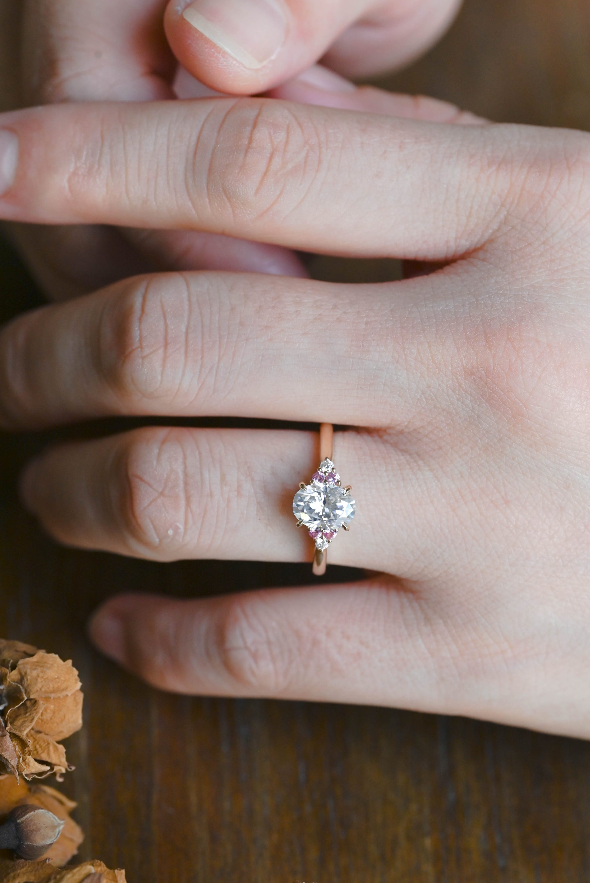 CausYou oval cut moissanite engagement ring Solid Gold Pink Lab Sapphire Side Cluster Oval Cut Moissanite Engagement Ring