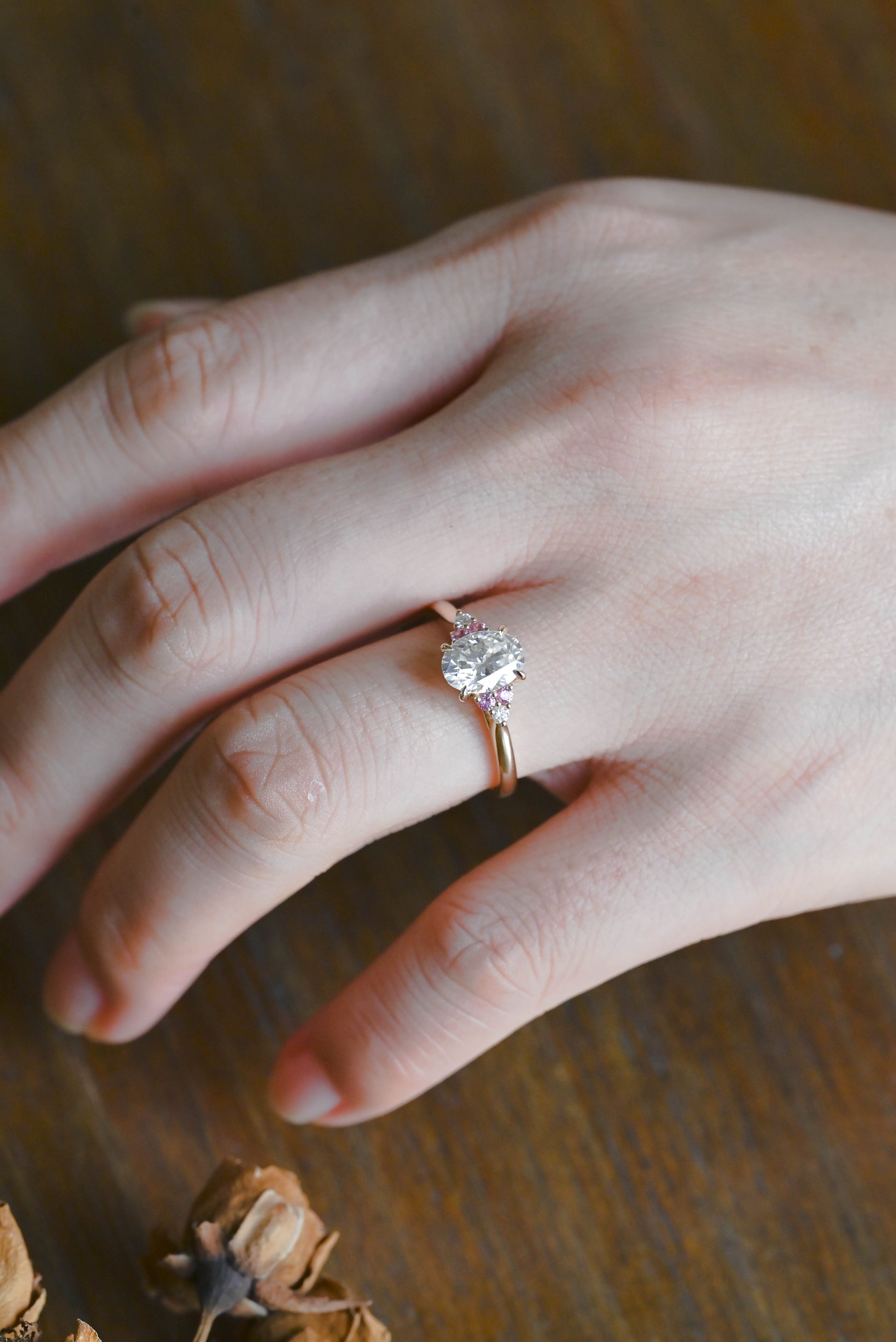 CausYou oval cut moissanite engagement ring Solid Gold Pink Lab Sapphire Side Cluster Oval Cut Moissanite Engagement Ring