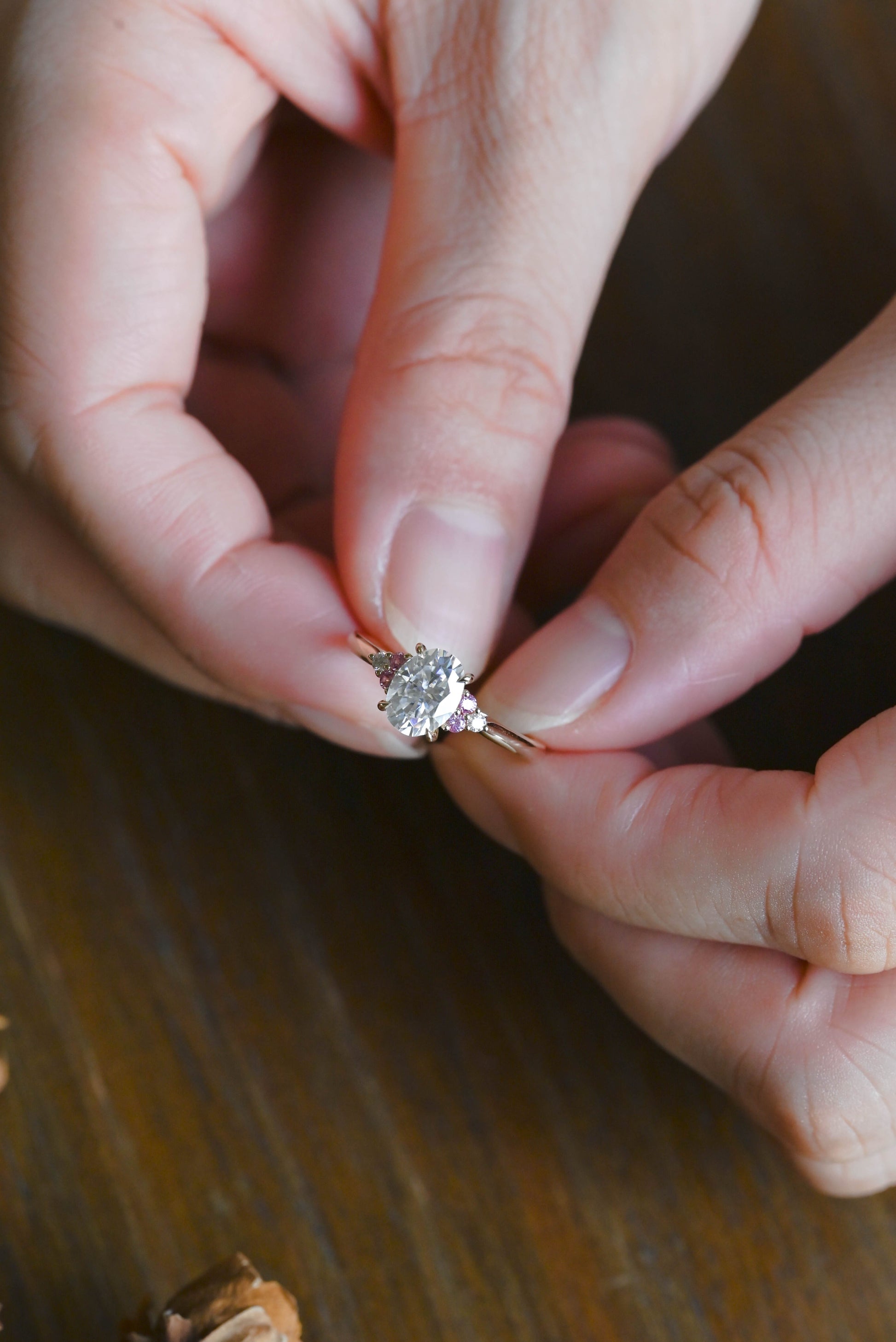 CausYou oval cut moissanite engagement ring Solid Gold Pink Lab Sapphire Side Cluster Oval Cut Moissanite Engagement Ring