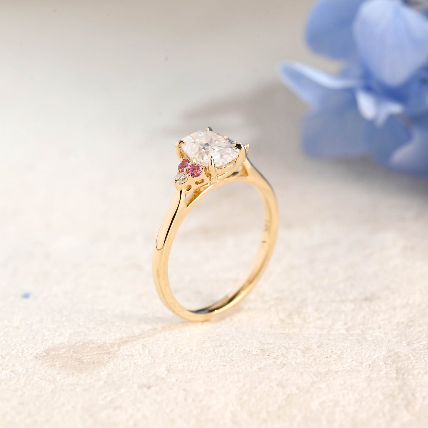 CausYou oval cut moissanite engagement ring Solid Gold Pink Lab Sapphire Side Cluster Oval Cut Moissanite Engagement Ring