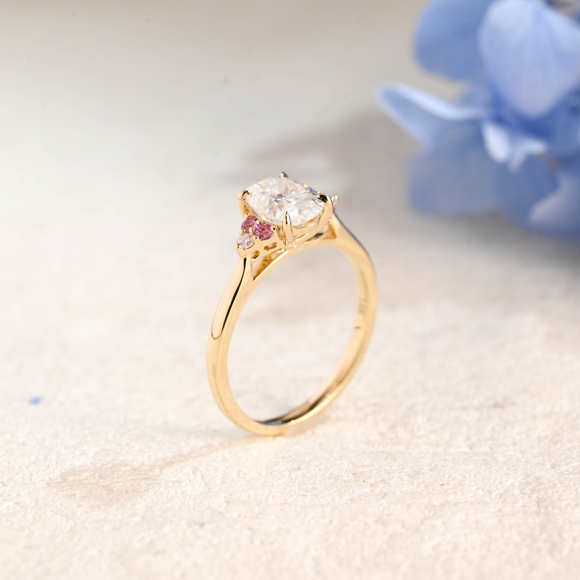 CausYou oval cut moissanite engagement ring Solid Gold Pink Lab Sapphire Side Cluster Oval Cut Moissanite Engagement Ring