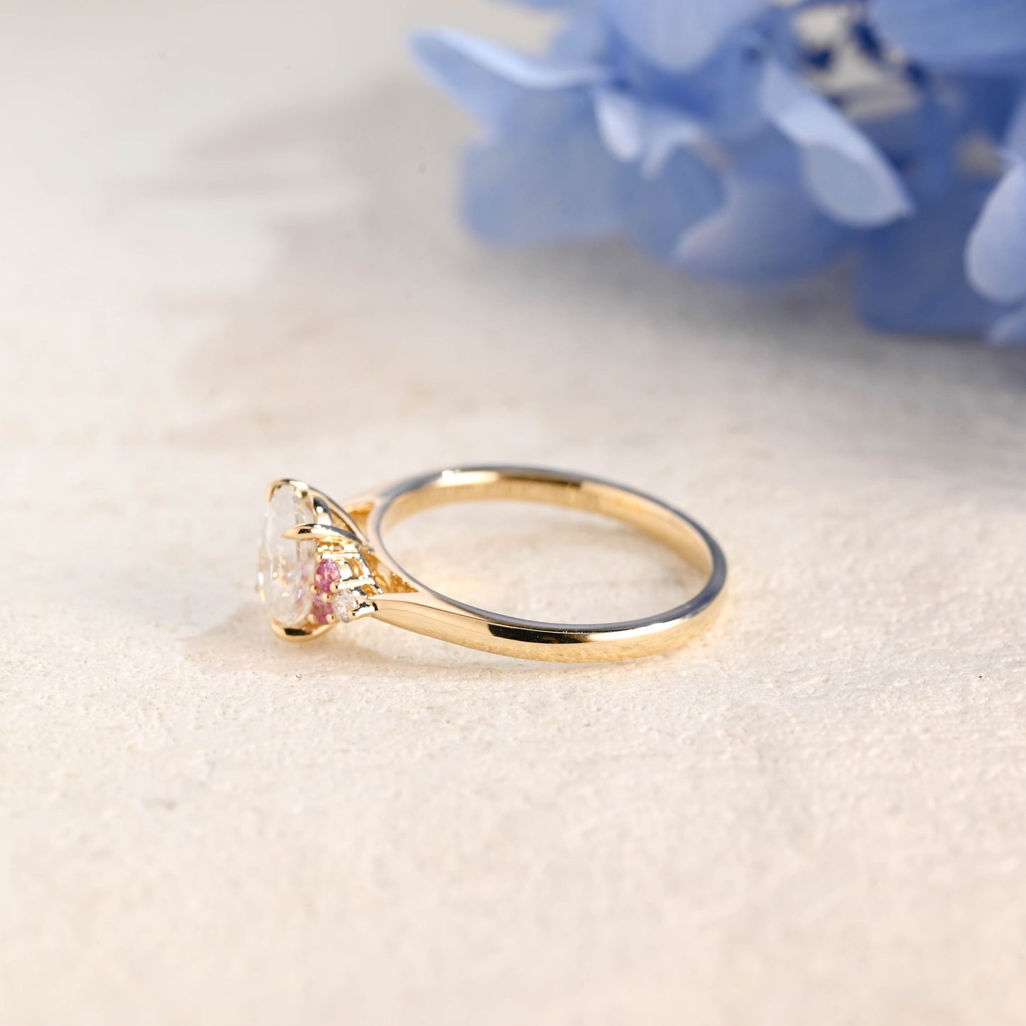 CausYou oval cut moissanite engagement ring Solid Gold Pink Lab Sapphire Side Cluster Oval Cut Moissanite Engagement Ring