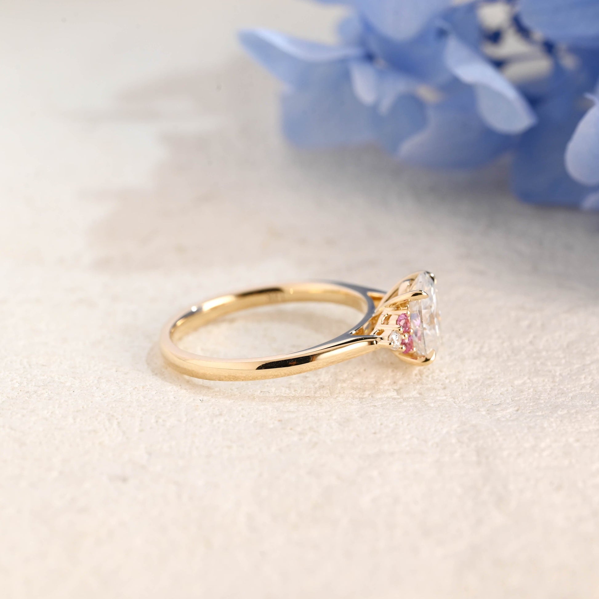 CausYou oval cut moissanite engagement ring Solid Gold Pink Lab Sapphire Side Cluster Oval Cut Moissanite Engagement Ring