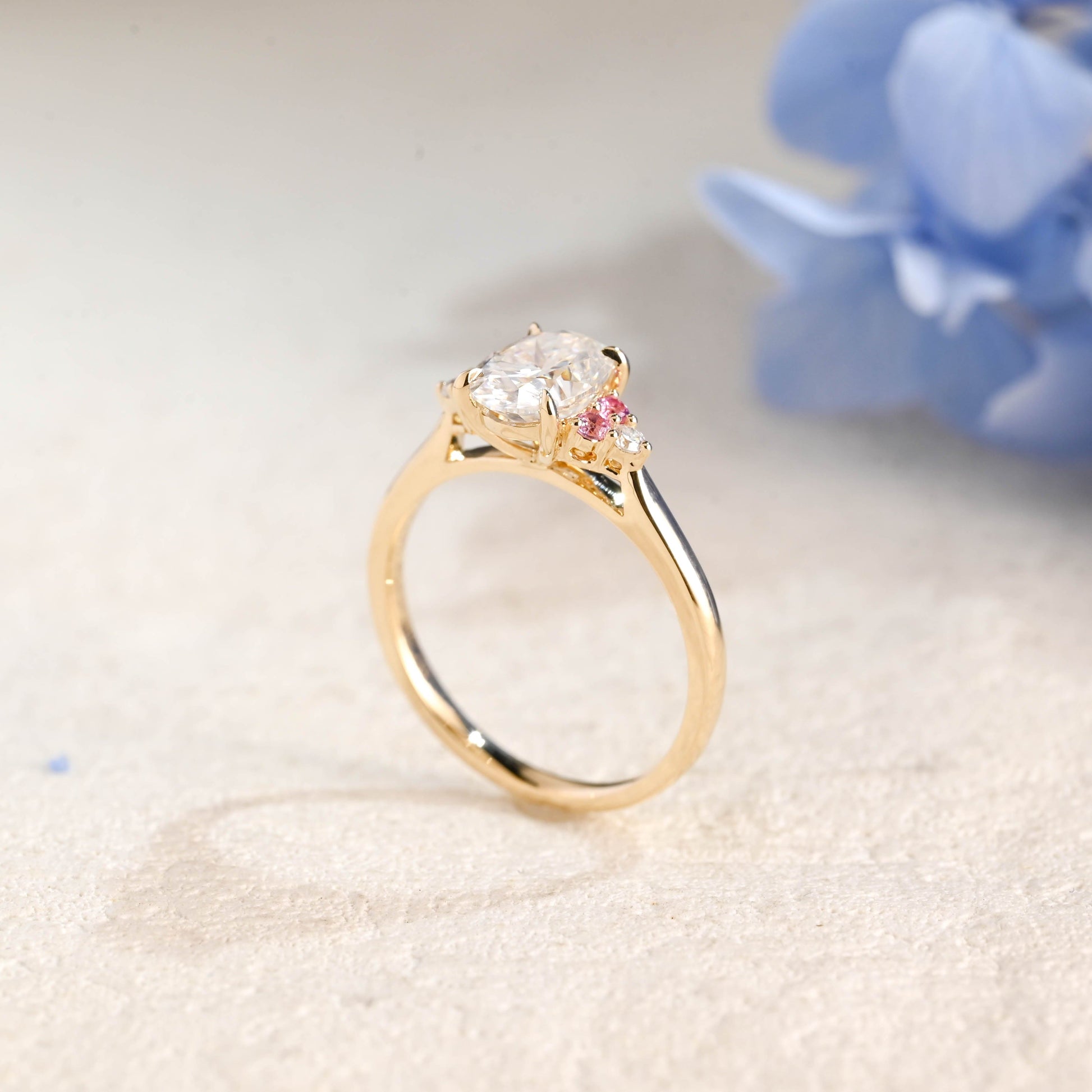 CausYou oval cut moissanite engagement ring Solid Gold Pink Lab Sapphire Side Cluster Oval Cut Moissanite Engagement Ring