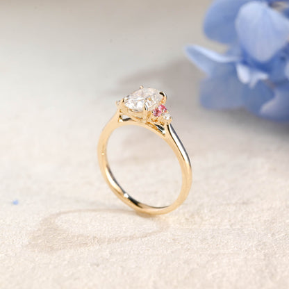 CausYou oval cut moissanite engagement ring Solid Gold Pink Lab Sapphire Side Cluster Oval Cut Moissanite Engagement Ring