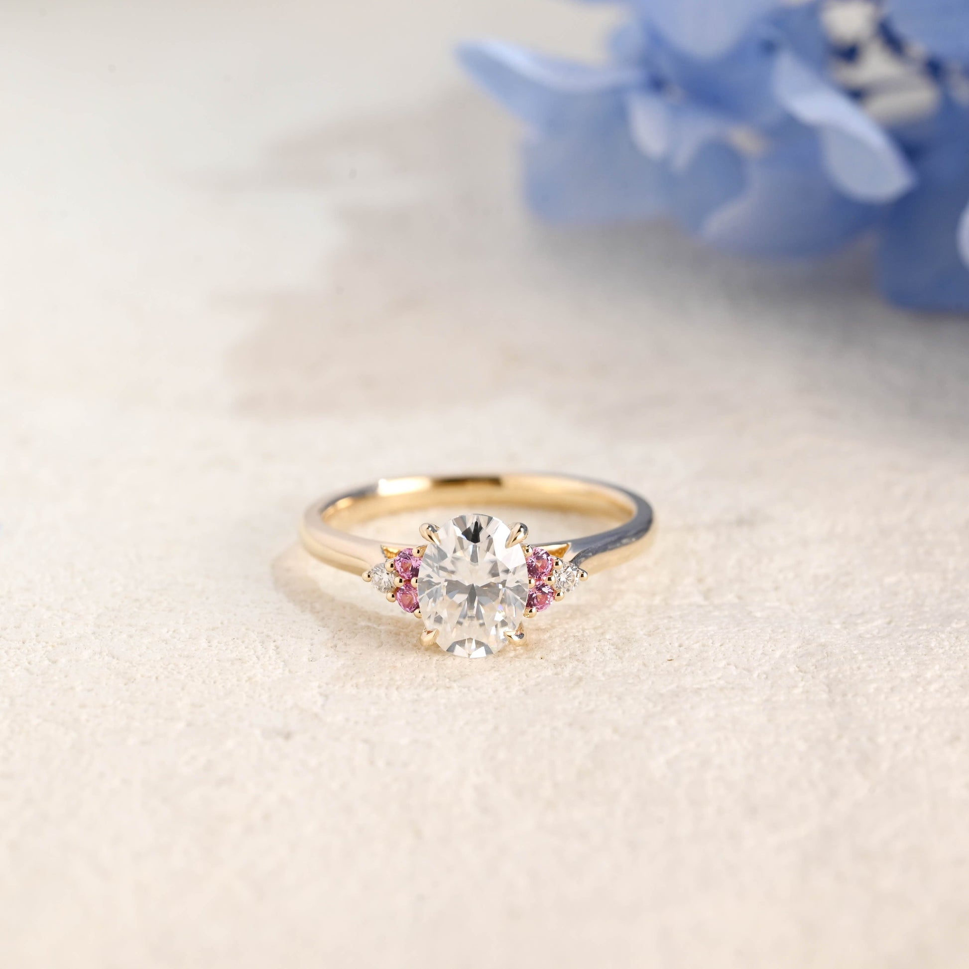 CausYou oval cut moissanite engagement ring Solid Gold Pink Lab Sapphire Side Cluster Oval Cut Moissanite Engagement Ring