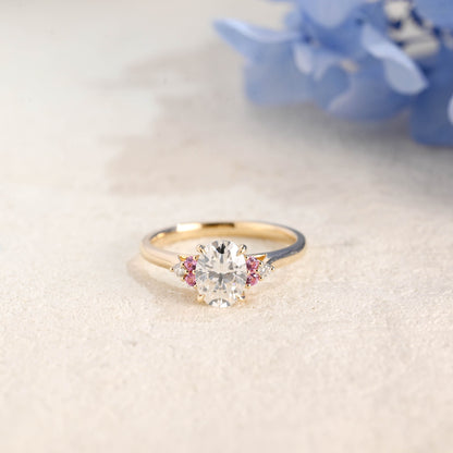 CausYou oval cut moissanite engagement ring Solid Gold Pink Lab Sapphire Side Cluster Oval Cut Moissanite Engagement Ring