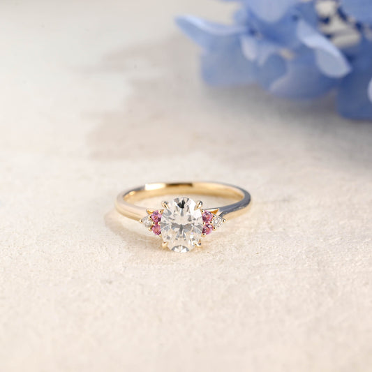 CausYou oval cut moissanite engagement ring Solid Gold Pink Lab Sapphire Side Cluster Oval Cut Moissanite Engagement Ring