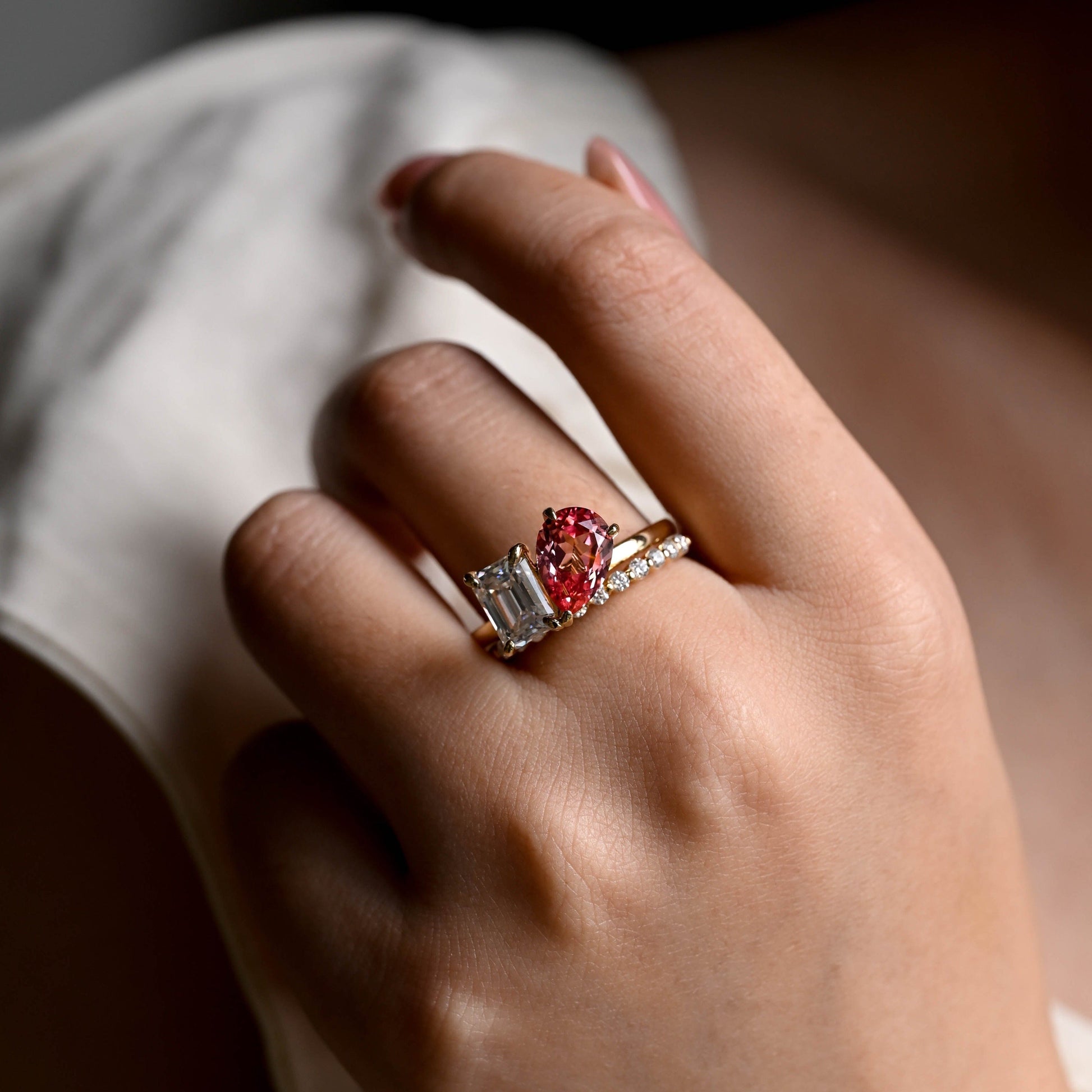 Solid Gold Toi Et Moi Ring, Lab Grown Pear Cut Sapphire Emerald