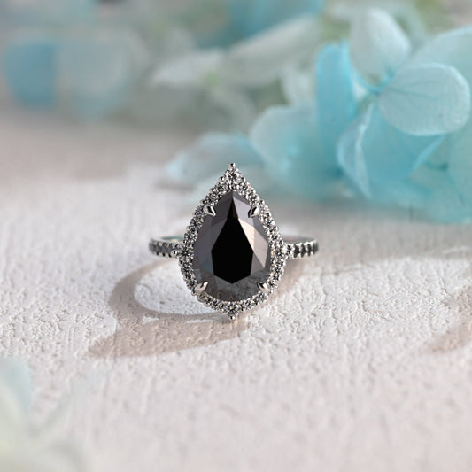 CausYou pear cut moissanite engagement ring Solid Gold Pear Cut Black Moissanite Engagement Ring Hidden Halo