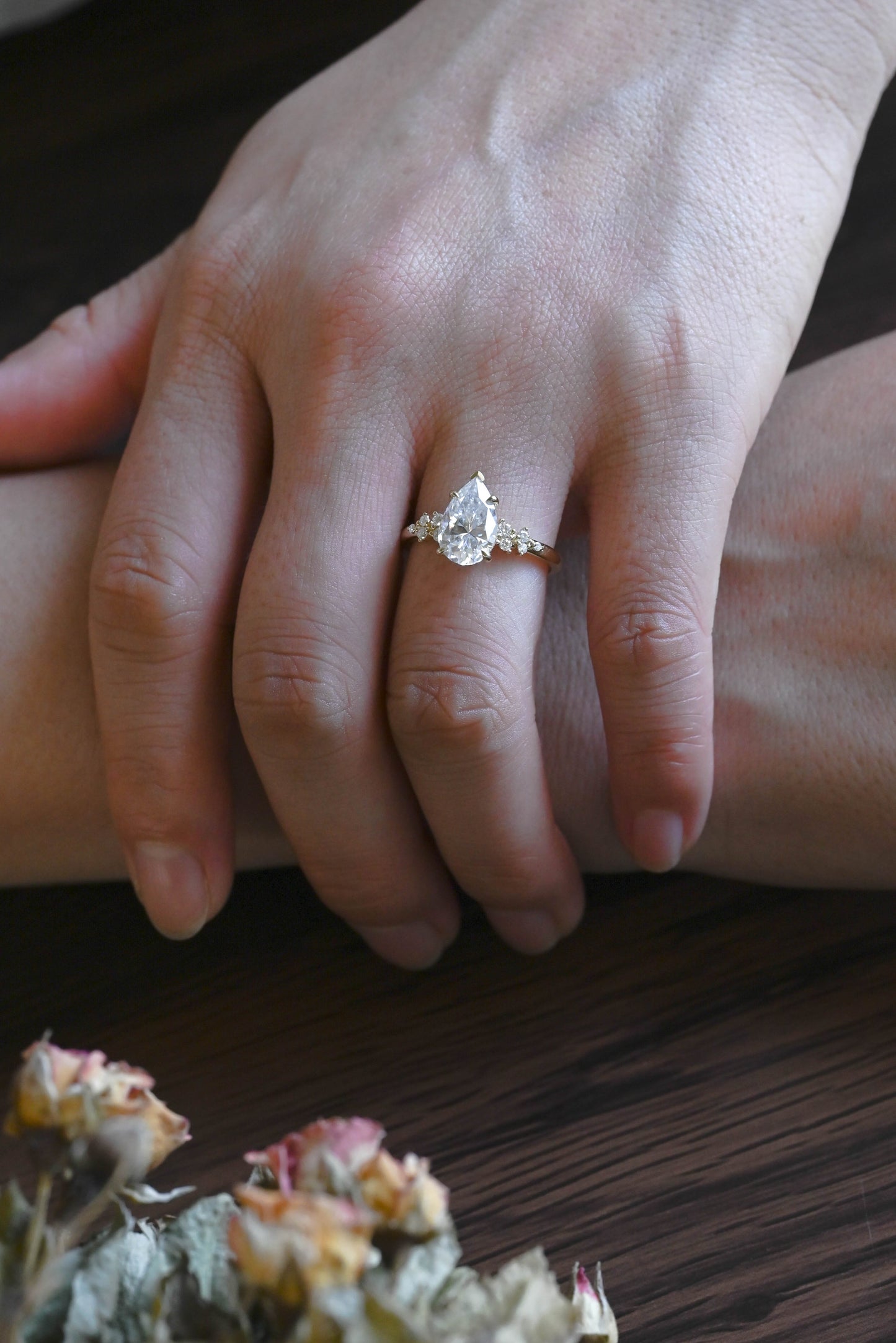 CausYou pear cut moissanite engagement ring Solid Gold Side Cluster Pear Cut Moissanite Engagement Ring