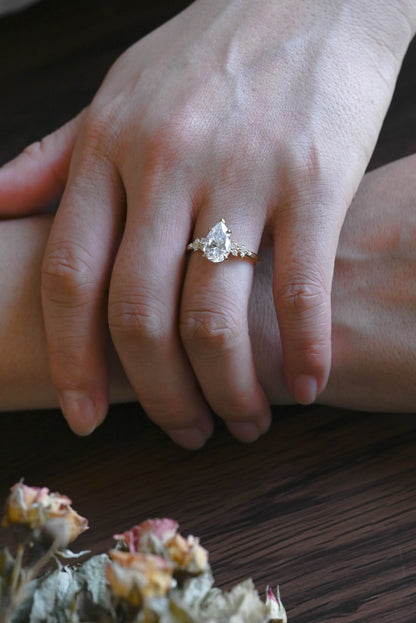 CausYou pear cut moissanite engagement ring Solid Gold Side Cluster Pear Cut Moissanite Engagement Ring