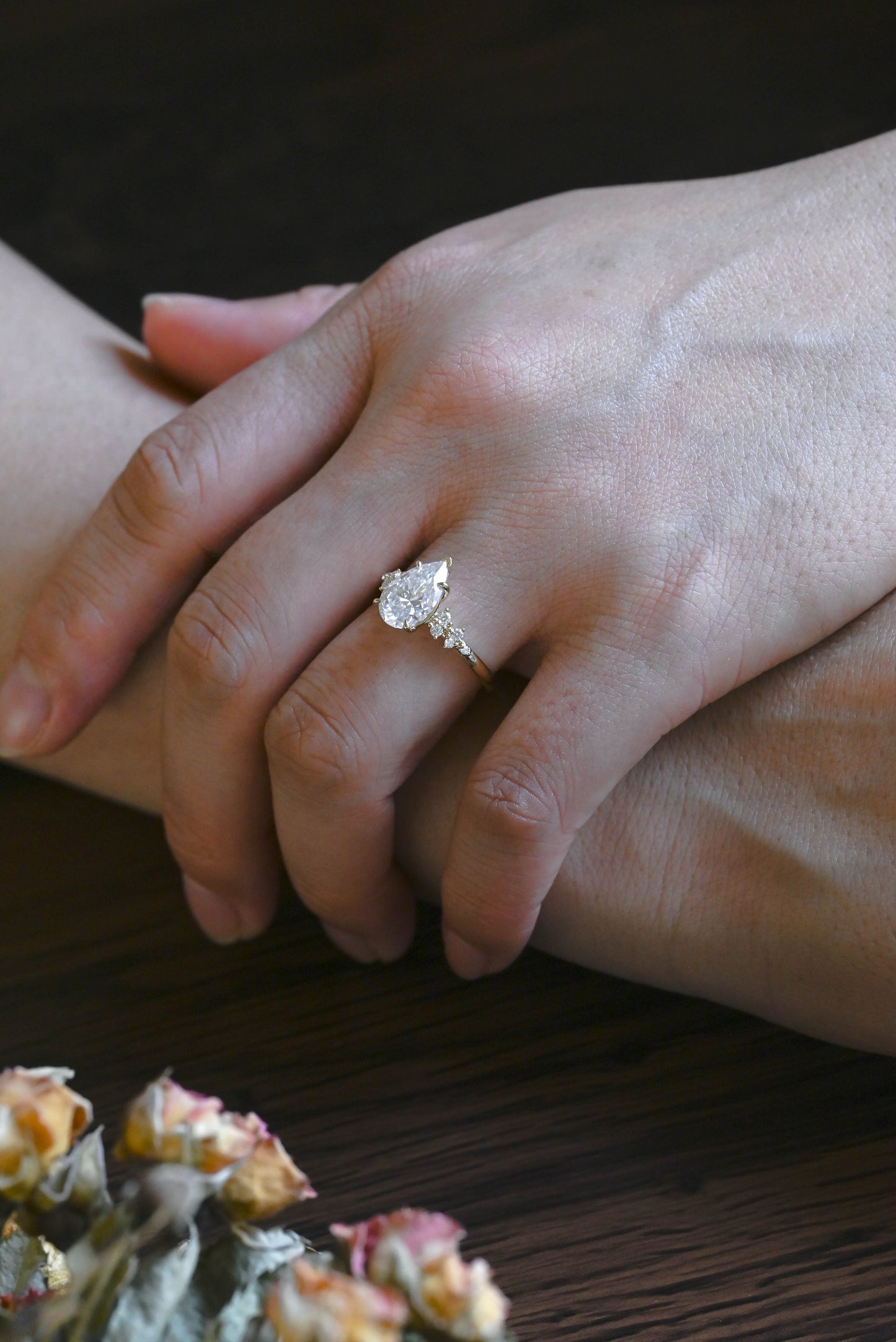CausYou pear cut moissanite engagement ring Solid Gold Side Cluster Pear Cut Moissanite Engagement Ring
