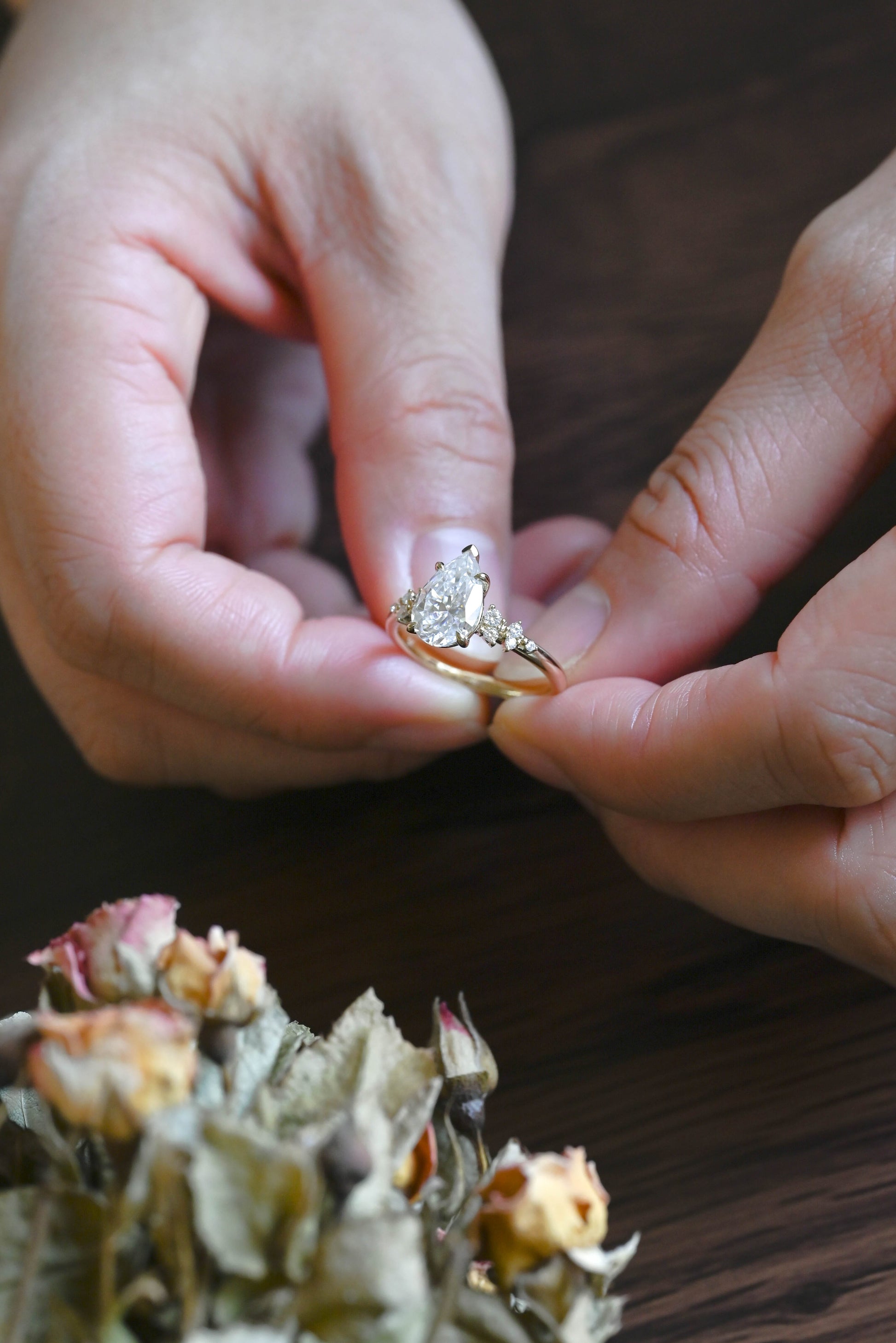 CausYou pear cut moissanite engagement ring Solid Gold Side Cluster Pear Cut Moissanite Engagement Ring