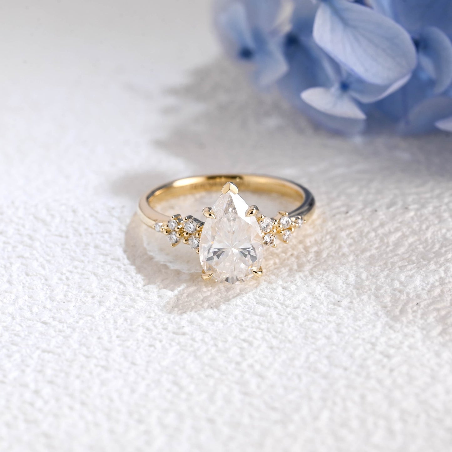 CausYou pear cut moissanite engagement ring Solid Gold Side Cluster Pear Cut Moissanite Engagement Ring
