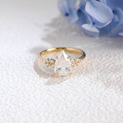CausYou pear cut moissanite engagement ring Solid Gold Side Cluster Pear Cut Moissanite Engagement Ring