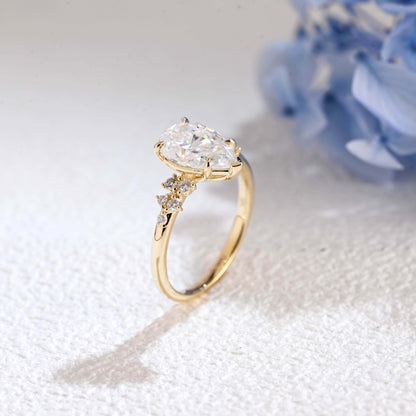 CausYou pear cut moissanite engagement ring Solid Gold Side Cluster Pear Cut Moissanite Engagement Ring