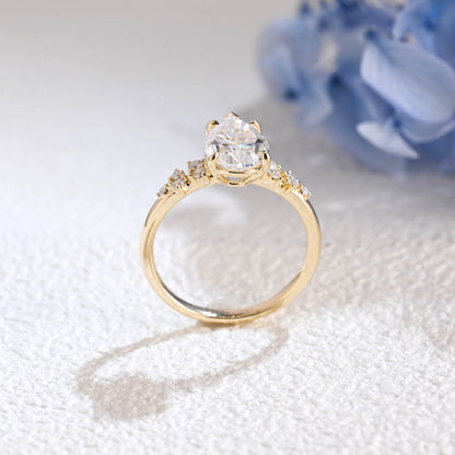 CausYou pear cut moissanite engagement ring Solid Gold Side Cluster Pear Cut Moissanite Engagement Ring