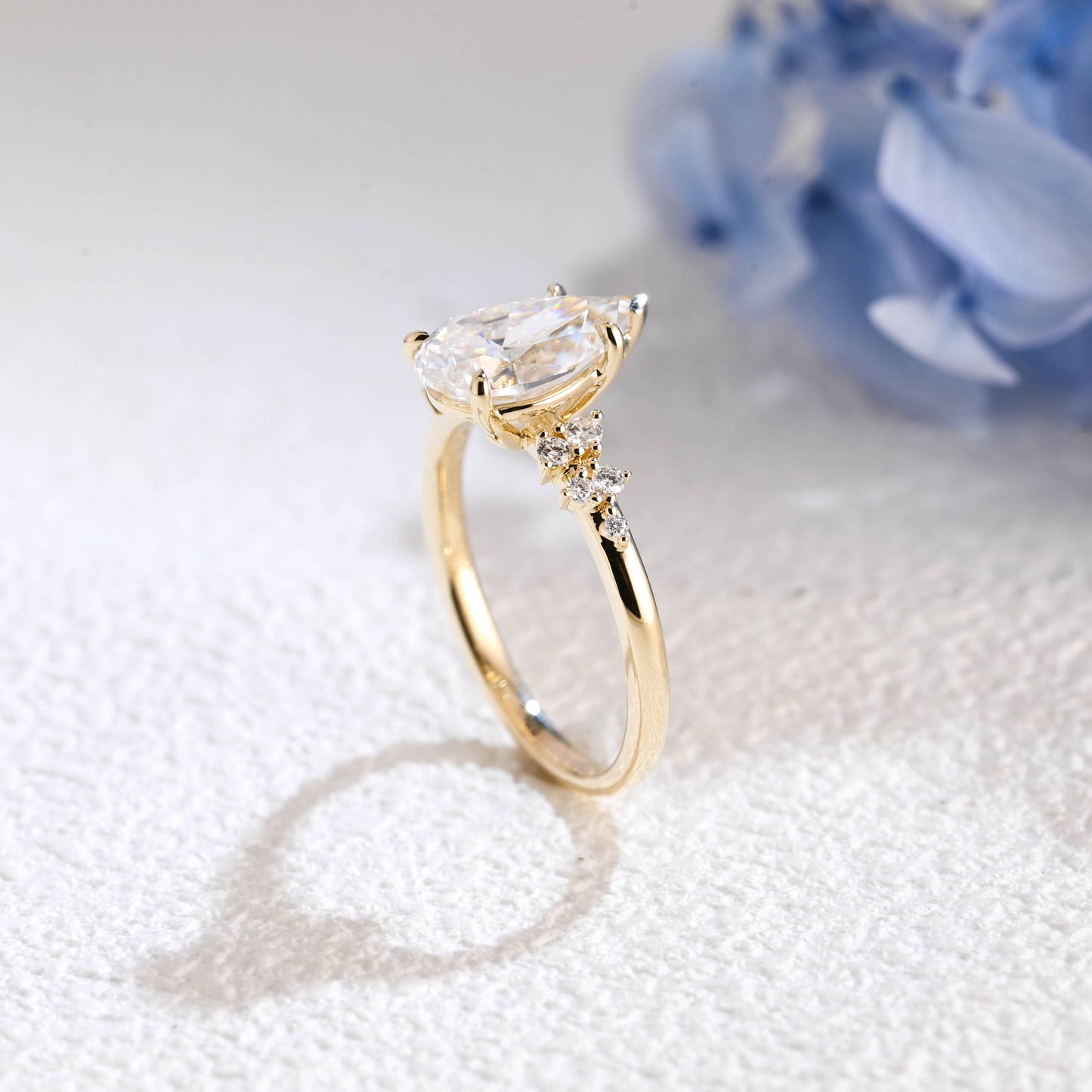CausYou pear cut moissanite engagement ring Solid Gold Side Cluster Pear Cut Moissanite Engagement Ring