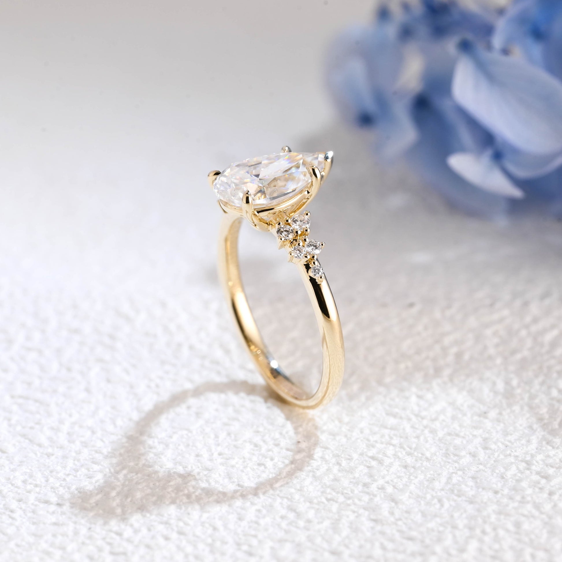 CausYou pear cut moissanite engagement ring Solid Gold Side Cluster Pear Cut Moissanite Engagement Ring
