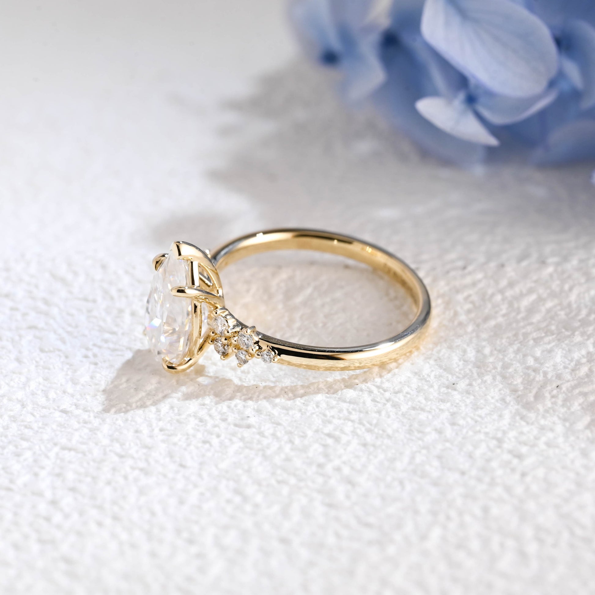 CausYou pear cut moissanite engagement ring Solid Gold Side Cluster Pear Cut Moissanite Engagement Ring