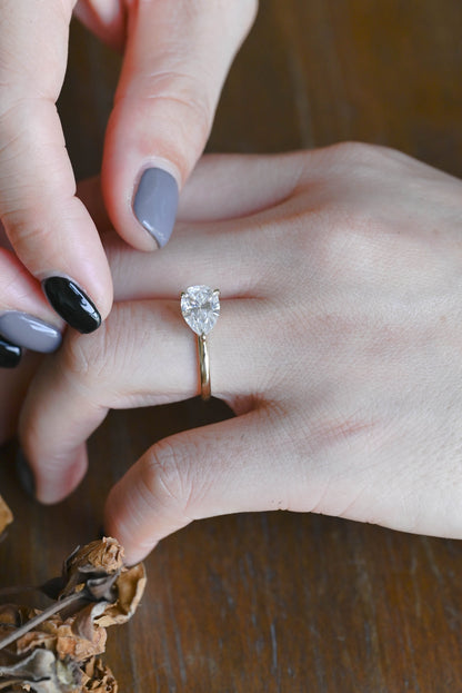 CausYou pear cut moissanite engagement ring Solid Gold Solitaire East West Pear Moissanite Engagement Ring