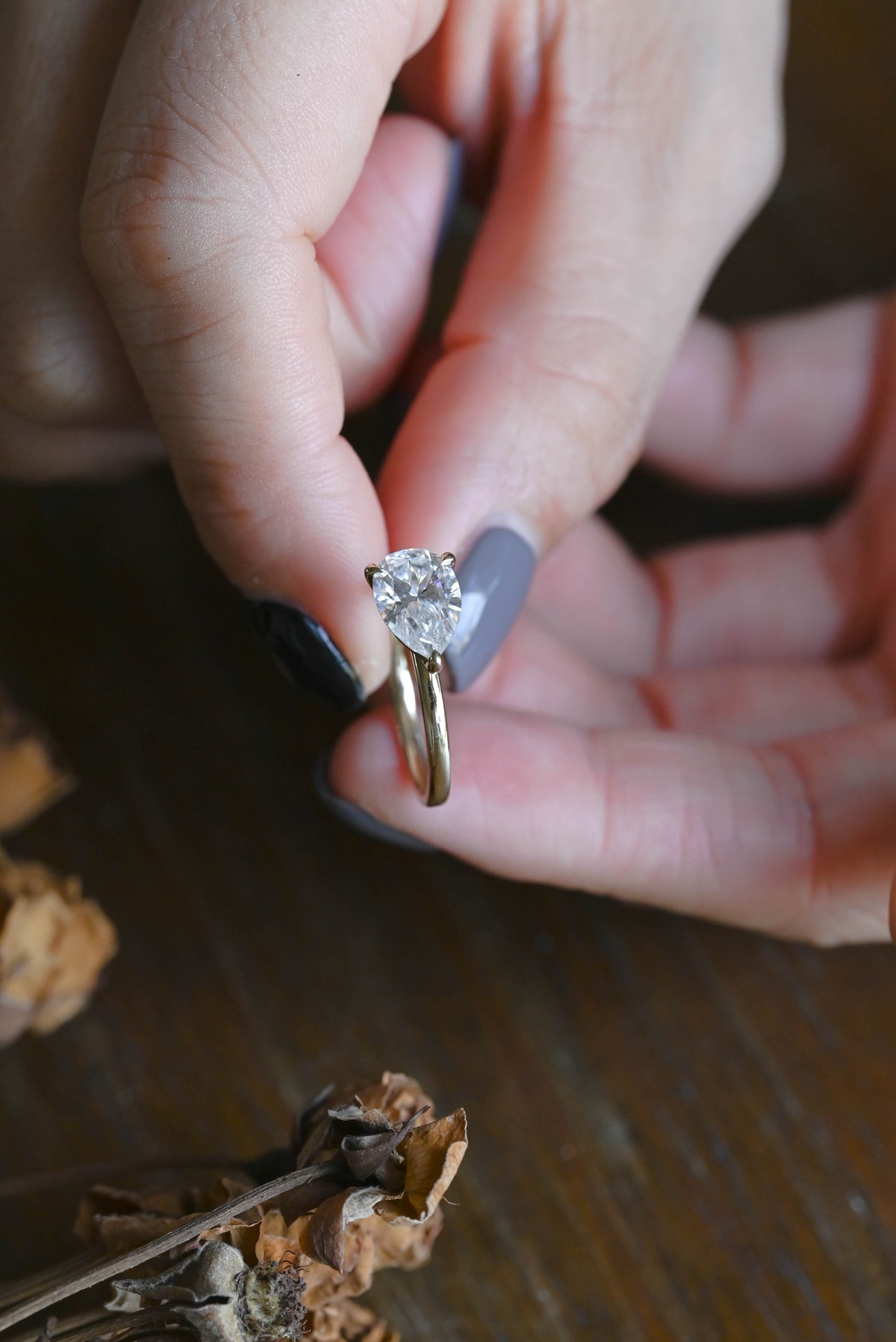 CausYou pear cut moissanite engagement ring Solid Gold Solitaire East West Pear Moissanite Engagement Ring