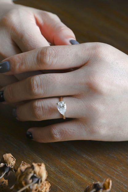 CausYou pear cut moissanite engagement ring Solid Gold Solitaire East West Pear Moissanite Engagement Ring