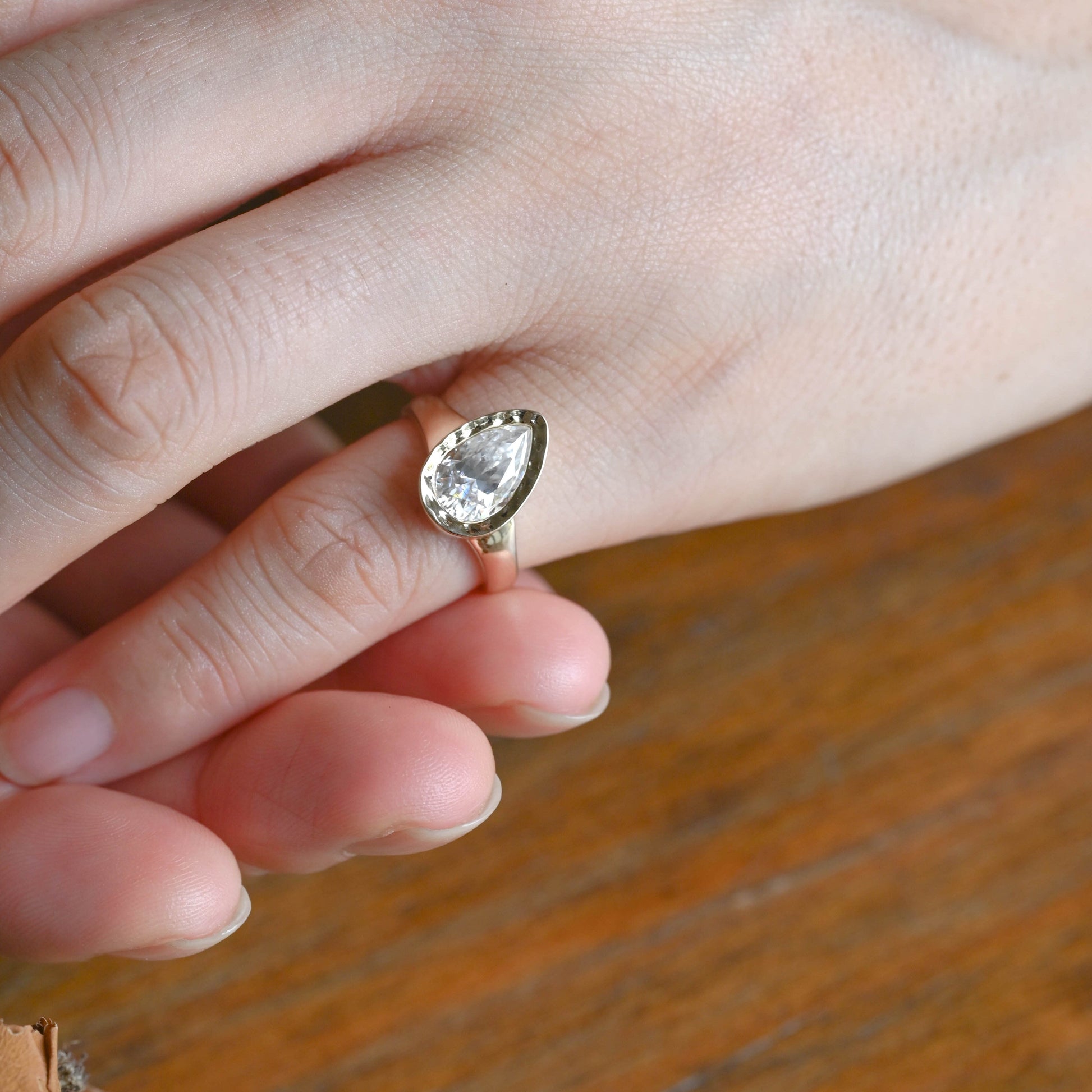 CausYou pear cut moissanite engagement ring Solid Gold Solitaire Hammered Pear Cut Moissanite Engagement Ring