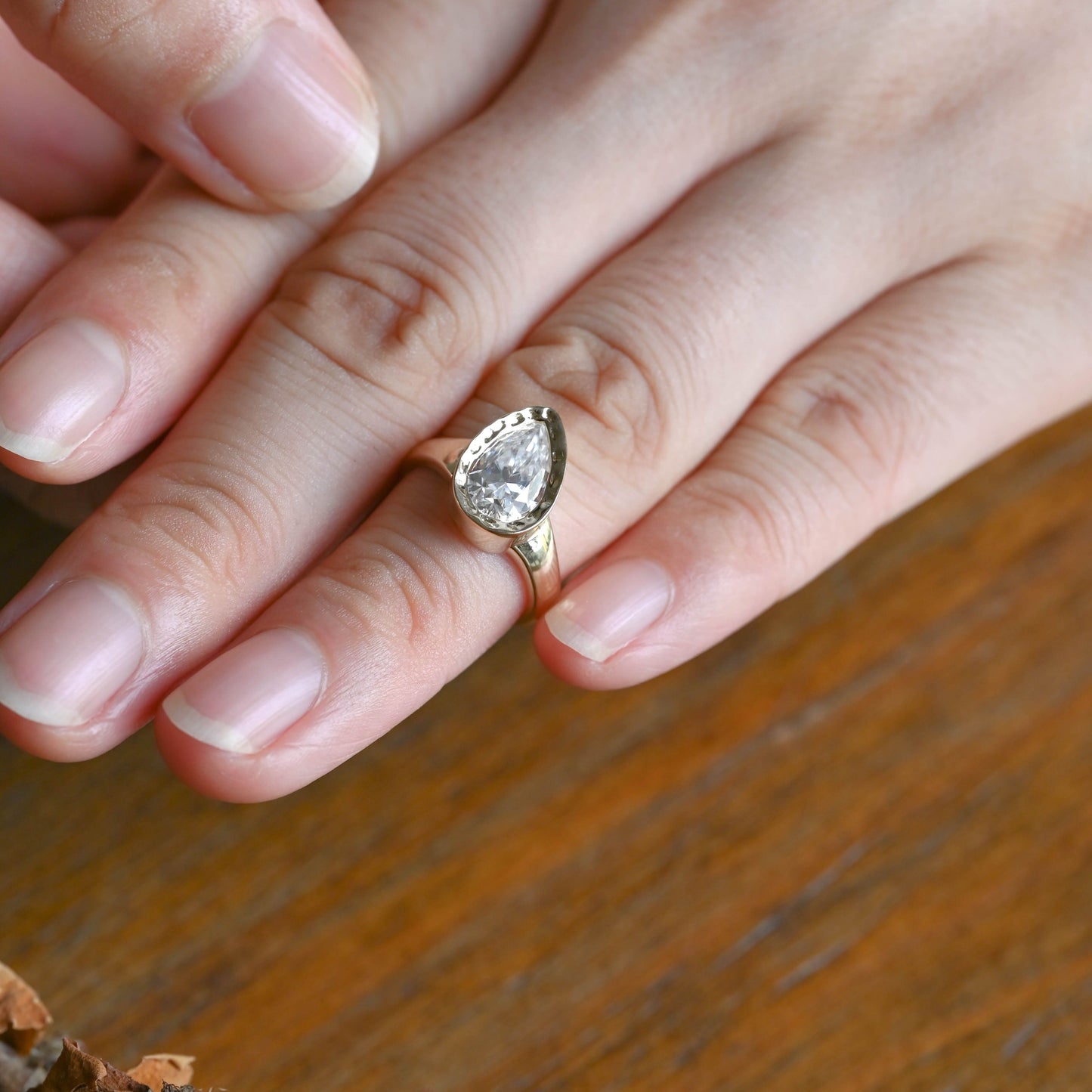 CausYou pear cut moissanite engagement ring Solid Gold Solitaire Hammered Pear Cut Moissanite Engagement Ring