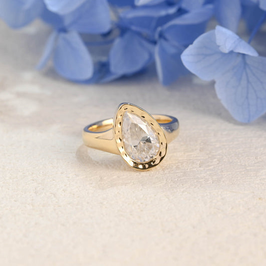 CausYou pear cut moissanite engagement ring Solid Gold Solitaire Hammered Pear Cut Moissanite Engagement Ring