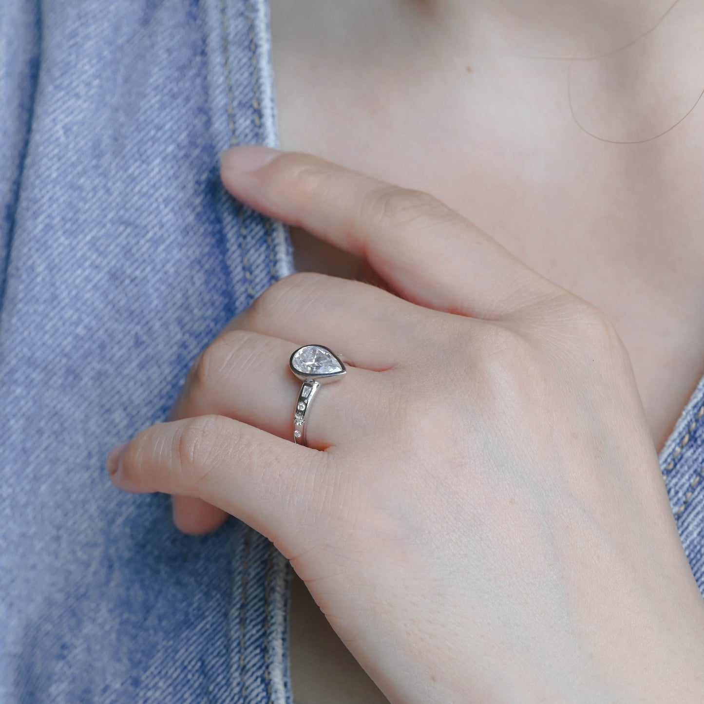CausYou pear cut moissanite engagement ring Solid Gold Unique Bezel Pear Cut Moissanite Engagement Ring
