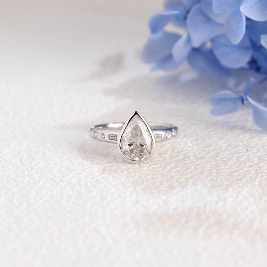CausYou pear cut moissanite engagement ring Solid Gold Unique Bezel Pear Cut Moissanite Engagement Ring