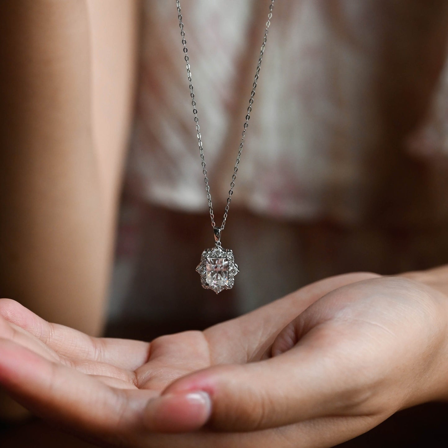 CausYou pendant CausYou Solid Gold Radiant Cut Moissanite Pendant Necklace, Vintage Style Pendant, Wedding Necklace, Anniversary Gift for Women Wife
