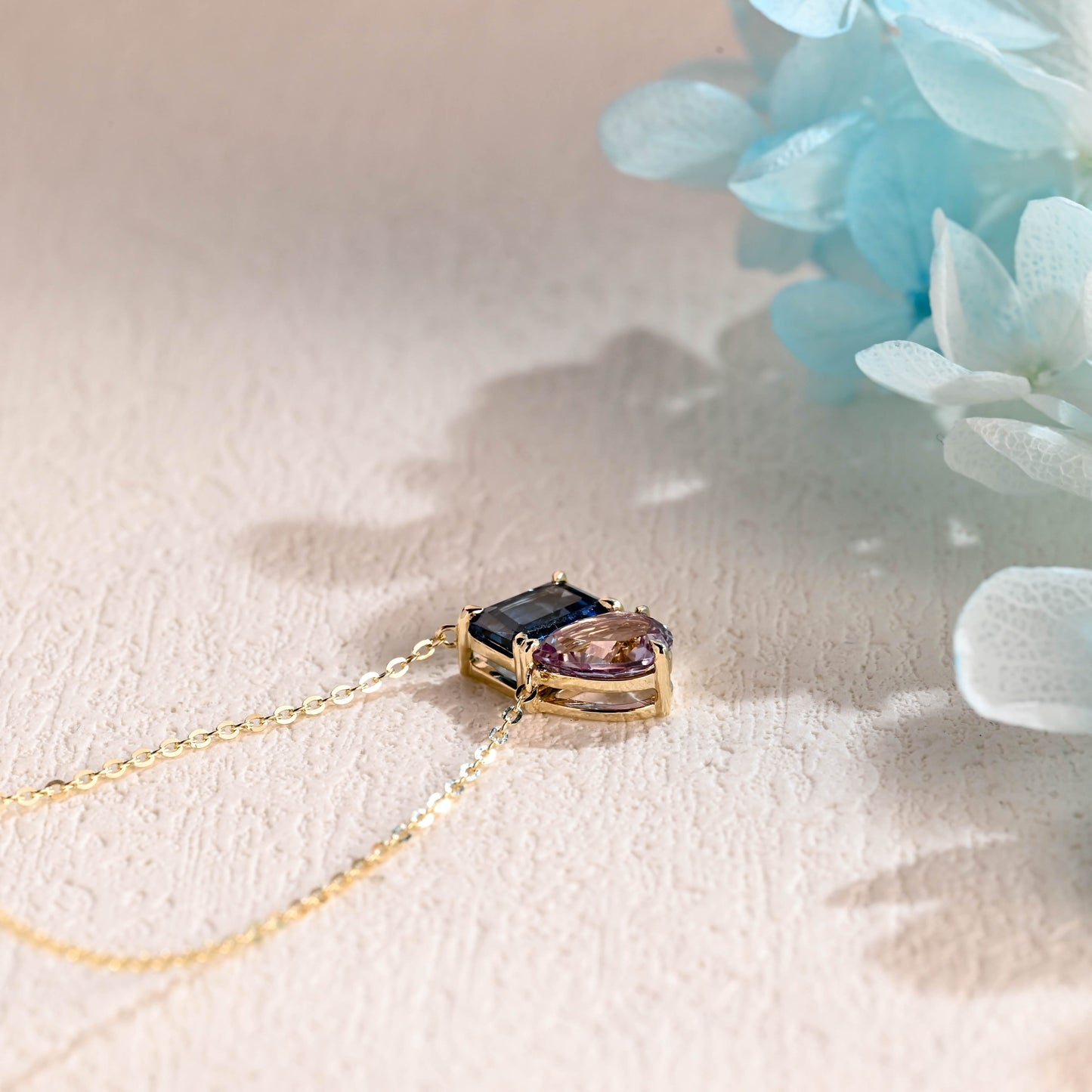 CausYou pendant CausYou Solid Gold Toi Et Moi Emerald Cut Blue Topaz & Pear Cut Alexandrite Pendant Necklace, Gold Chain Necklace, Anniversary Gift for Women Wife