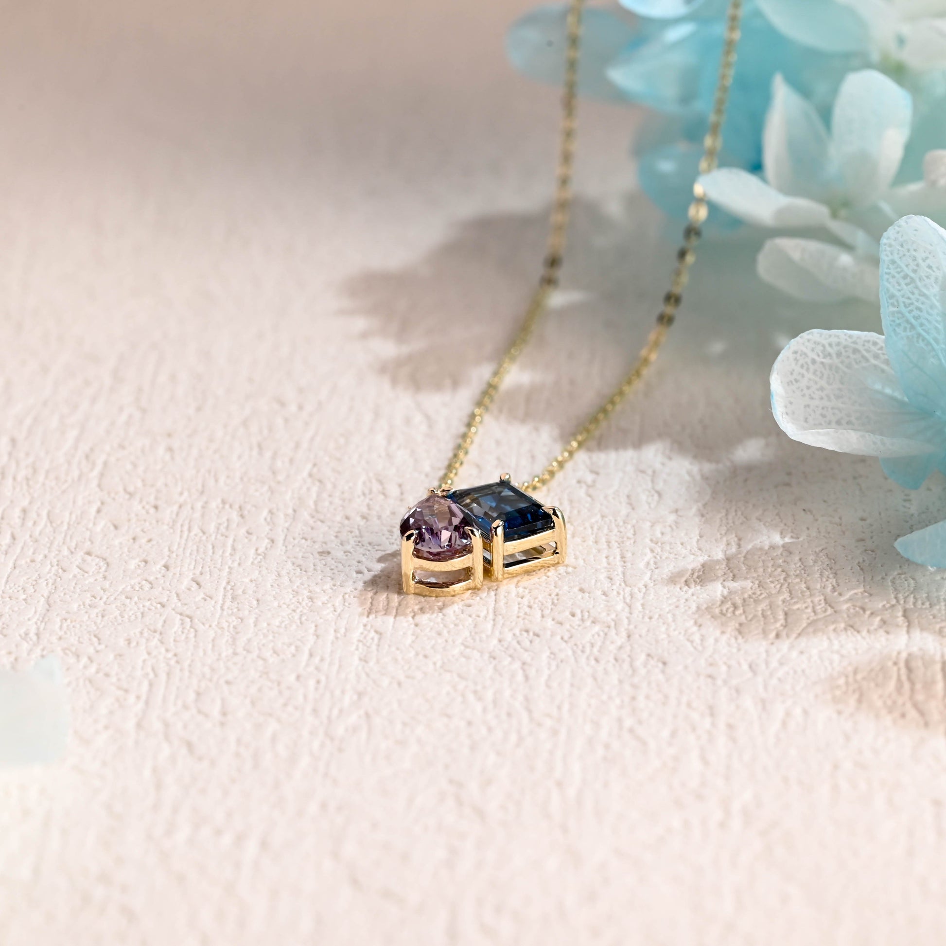 CausYou pendant CausYou Solid Gold Toi Et Moi Emerald Cut Blue Topaz & Pear Cut Alexandrite Pendant Necklace, Gold Chain Necklace, Anniversary Gift for Women Wife