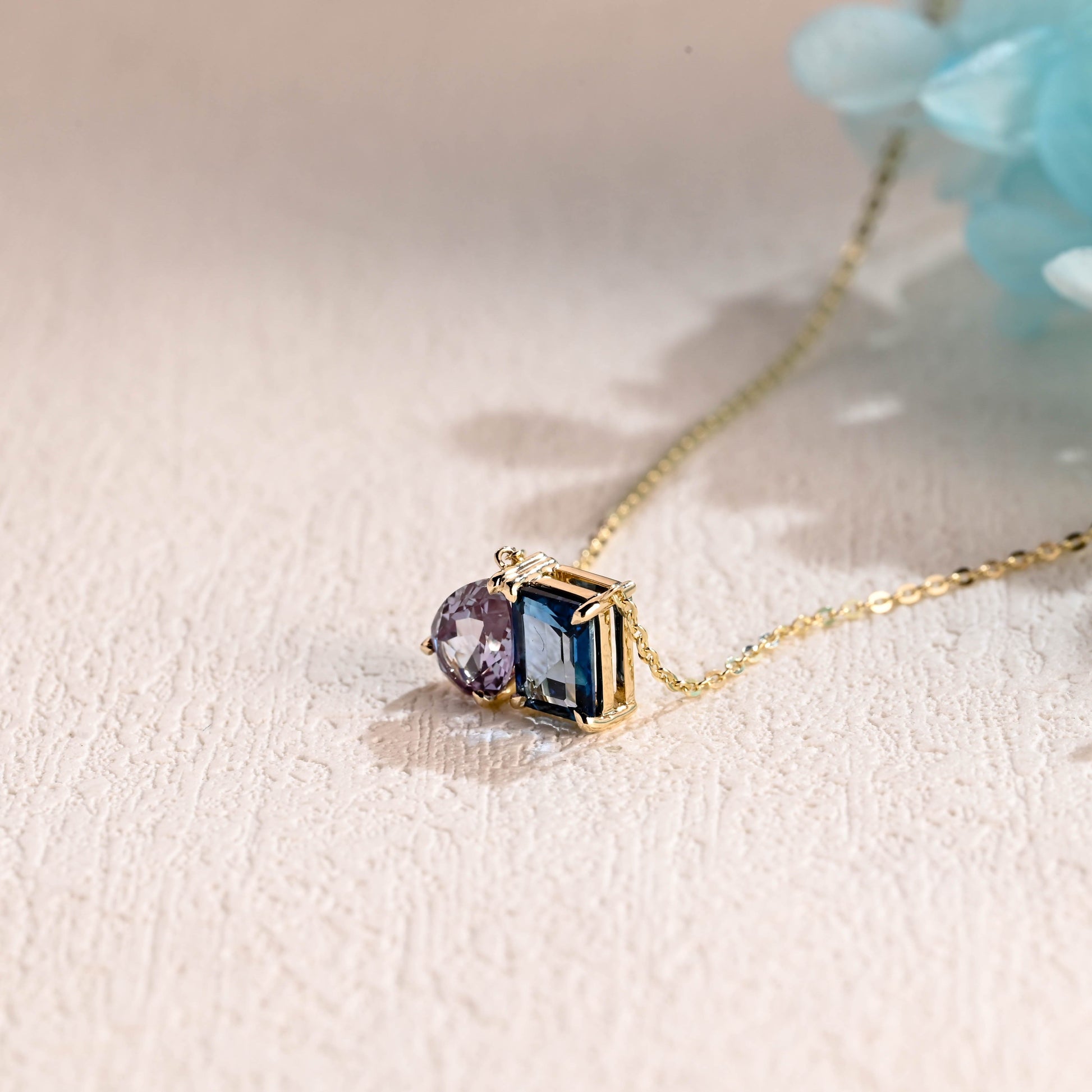 CausYou pendant CausYou Solid Gold Toi Et Moi Emerald Cut Blue Topaz & Pear Cut Alexandrite Pendant Necklace, Gold Chain Necklace, Anniversary Gift for Women Wife