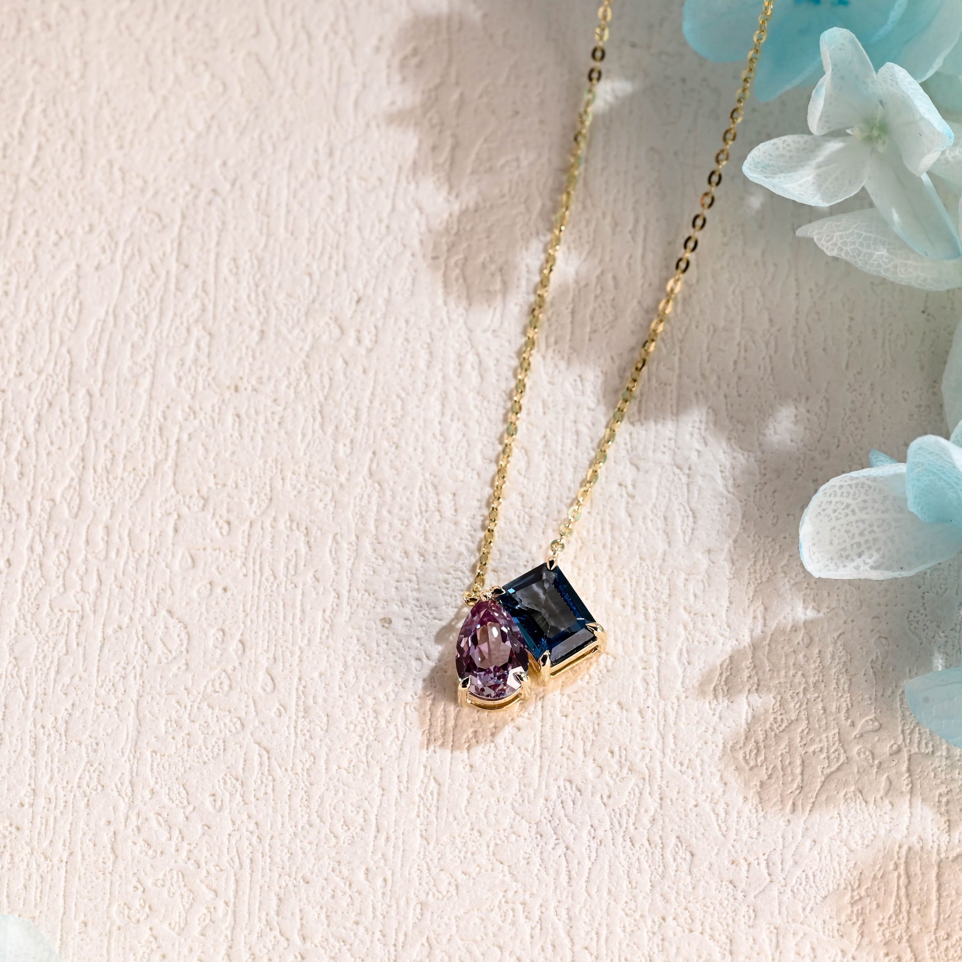 CausYou pendant CausYou Solid Gold Toi Et Moi Emerald Cut Blue Topaz & Pear Cut Alexandrite Pendant Necklace, Gold Chain Necklace, Anniversary Gift for Women Wife