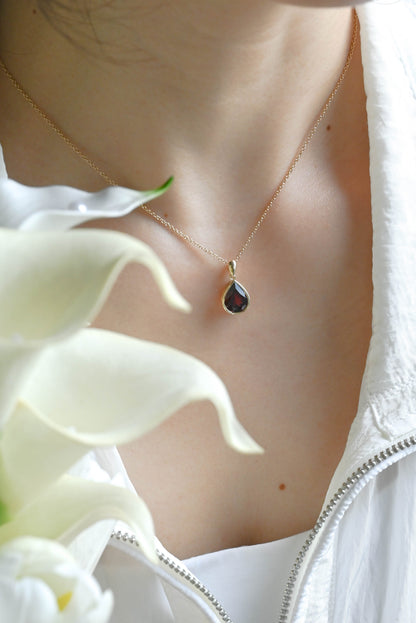 CausYou pendant Solid Gold Bezel Pear Red Natural Garnet Pendant, January Birthstone Personalized Gift