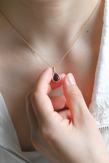 CausYou pendant Solid Gold Bezel Pear Red Natural Garnet Pendant, January Birthstone Personalized Gift