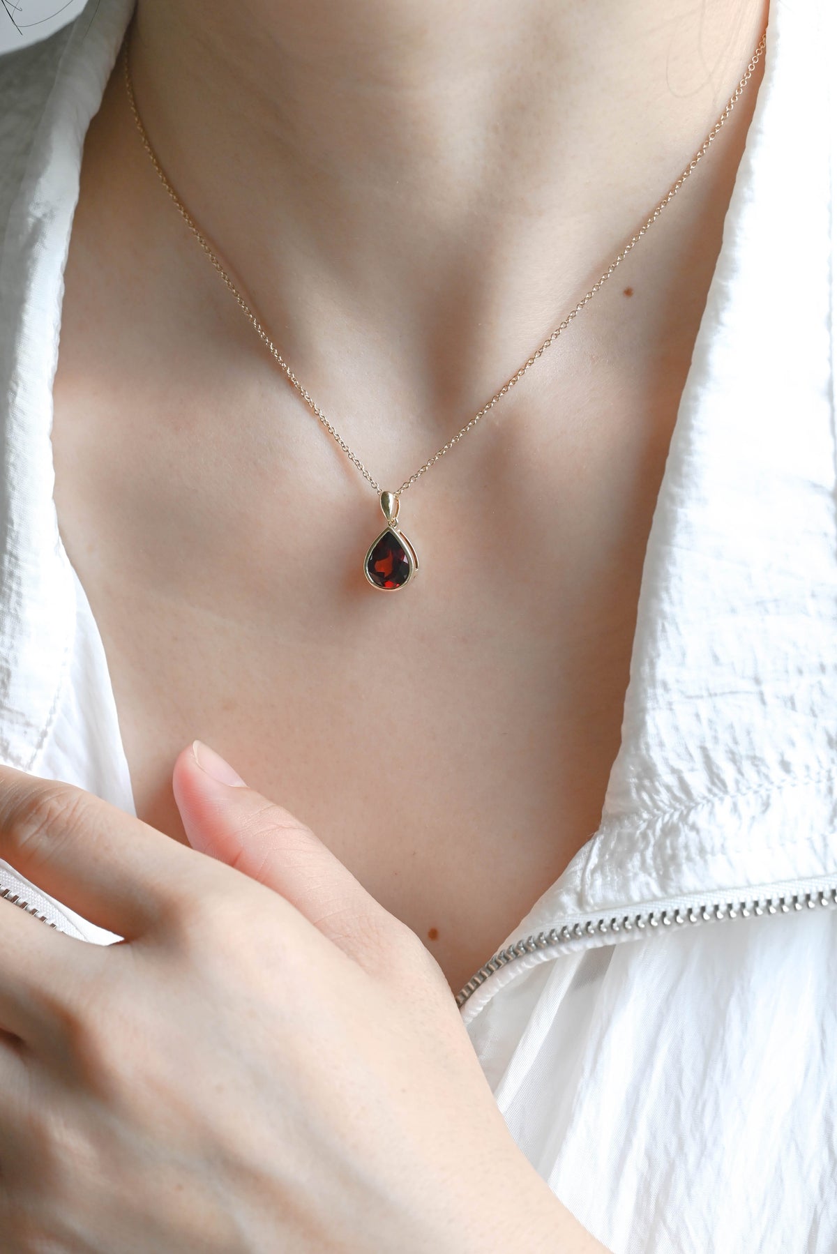 CausYou pendant Solid Gold Bezel Pear Red Natural Garnet Pendant, January Birthstone Personalized Gift