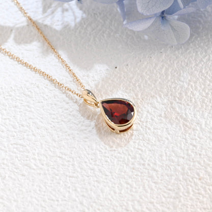 CausYou pendant Solid Gold Bezel Pear Red Natural Garnet Pendant, January Birthstone Personalized Gift