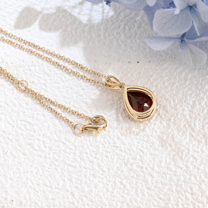 CausYou pendant Solid Gold Bezel Pear Red Natural Garnet Pendant, January Birthstone Personalized Gift
