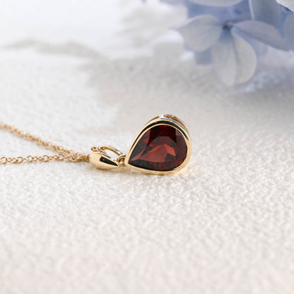 CausYou pendant Solid Gold Bezel Pear Red Natural Garnet Pendant, January Birthstone Personalized Gift