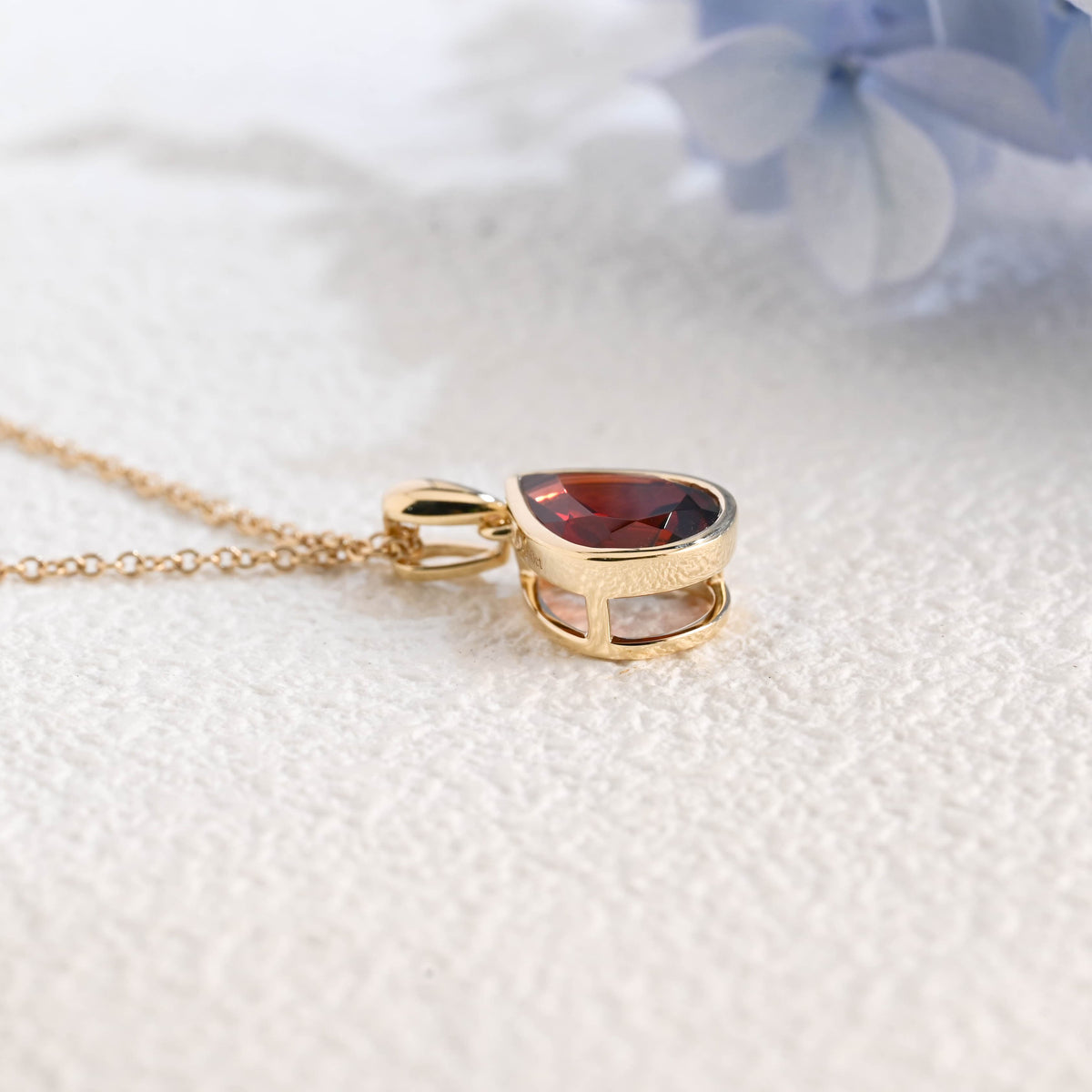 CausYou pendant Solid Gold Bezel Pear Red Natural Garnet Pendant, January Birthstone Personalized Gift