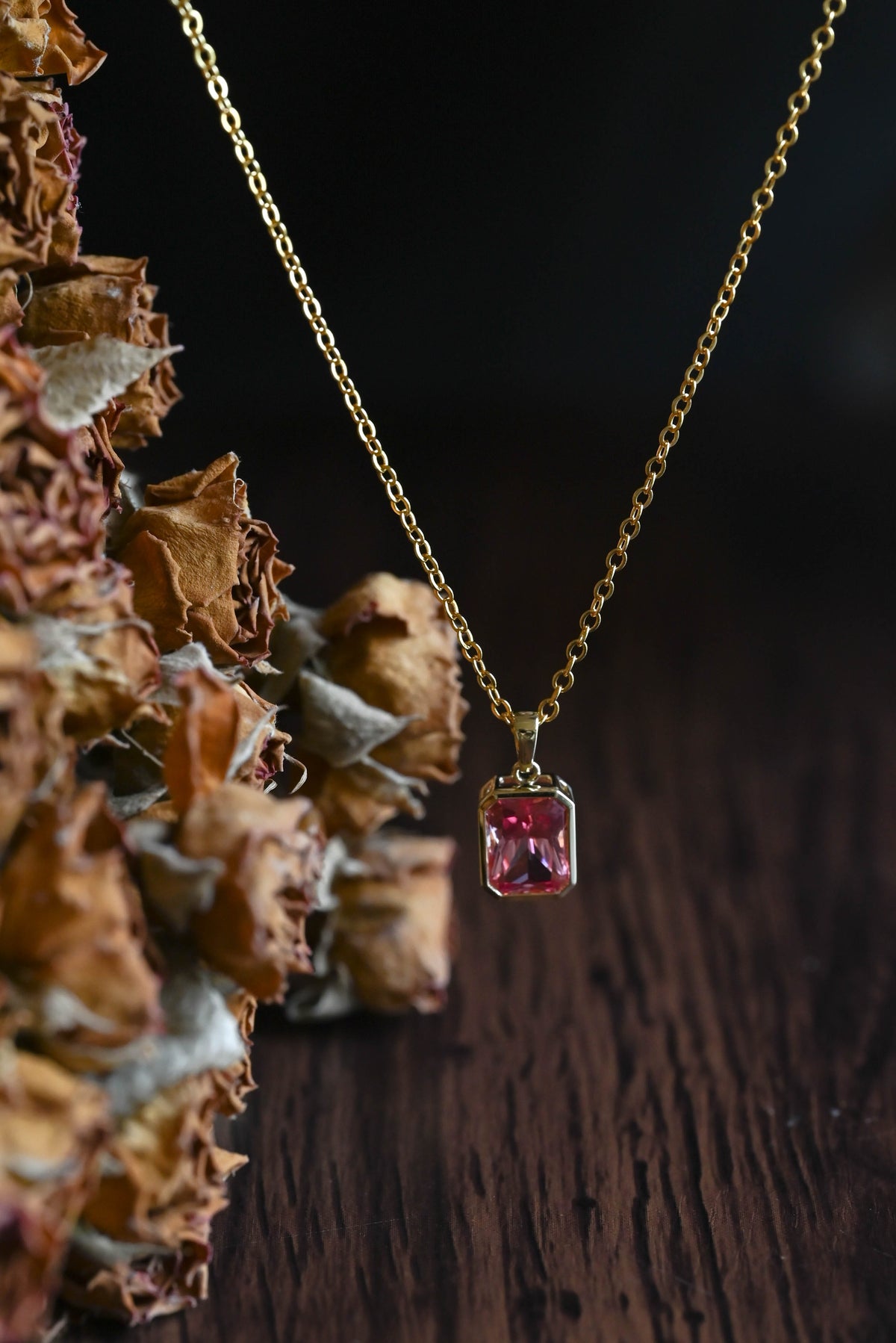 CausYou pendant Solid Gold Bezel Pink Radiant Cut Lab Pink Sapphire Pendant Necklace