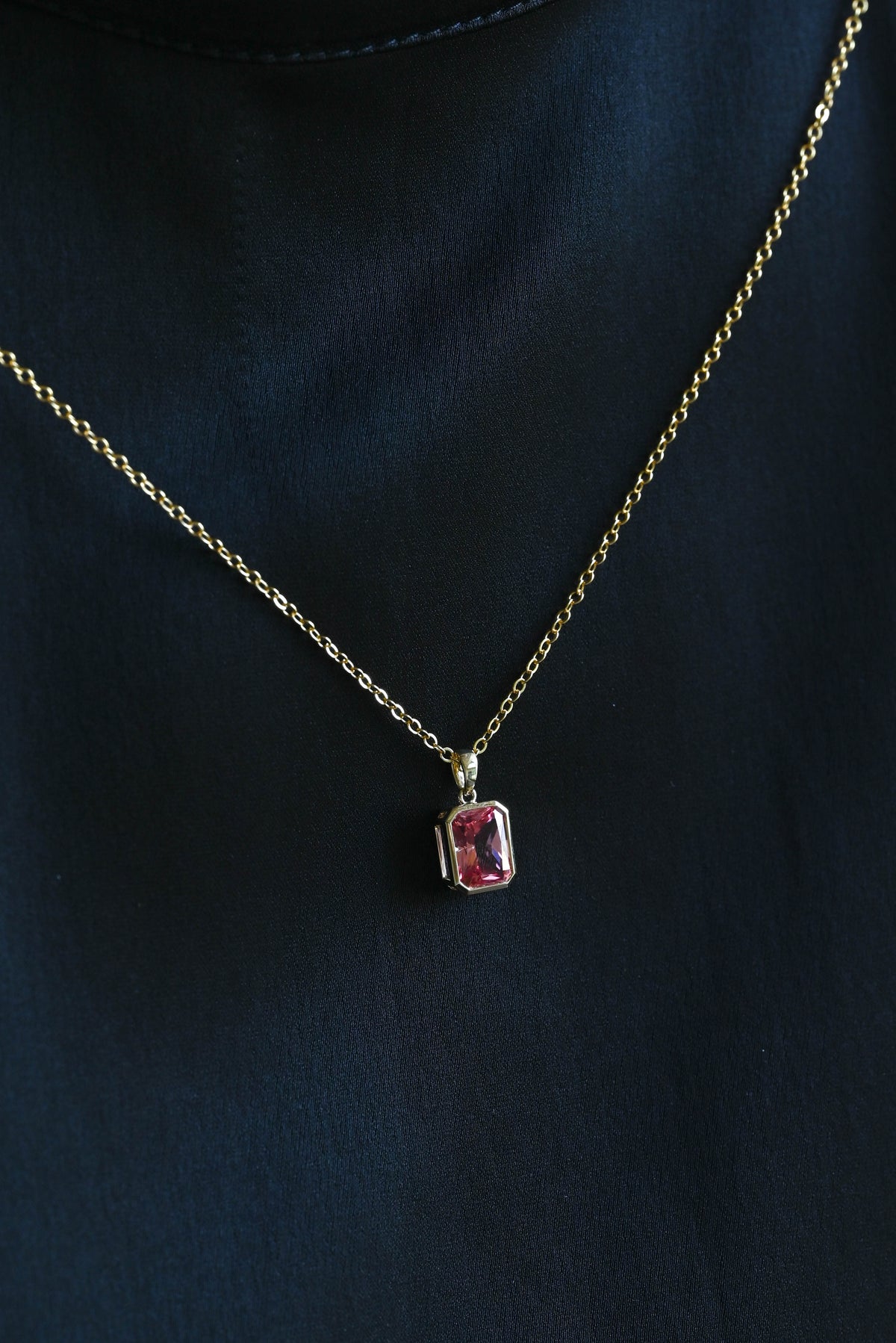 CausYou pendant Solid Gold Bezel Pink Radiant Cut Lab Pink Sapphire Pendant Necklace